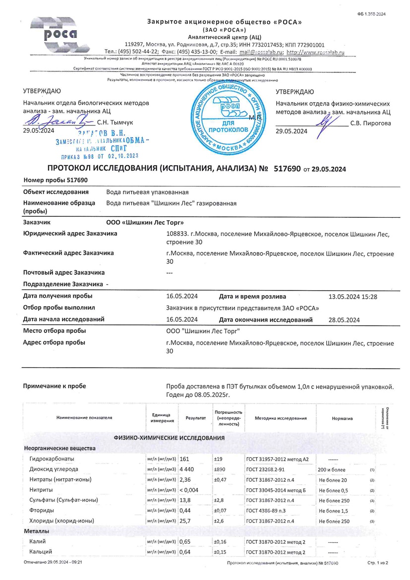 Протокол исследования №517690 от 29.05.2024 Вода питьевая газированная "Шишкин Лес"